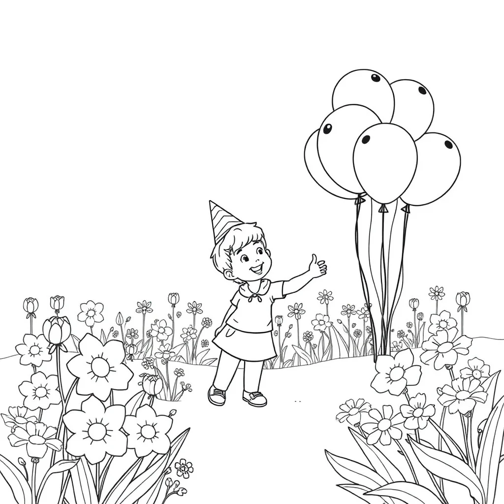 Birthday birthday balloons in a flower garden — classic birthday coloring page (ages 5–10)