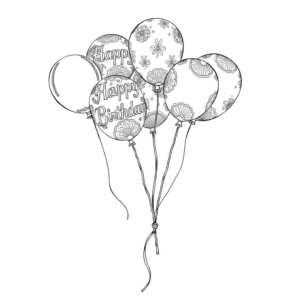 Birthday birthday balloons leaping mid air — detailed birthday coloring page (ages 9+ & adults)