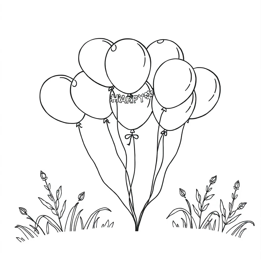 Birthday birthday balloons wearing a flower crown — classic birthday coloring page (ages 5–10)