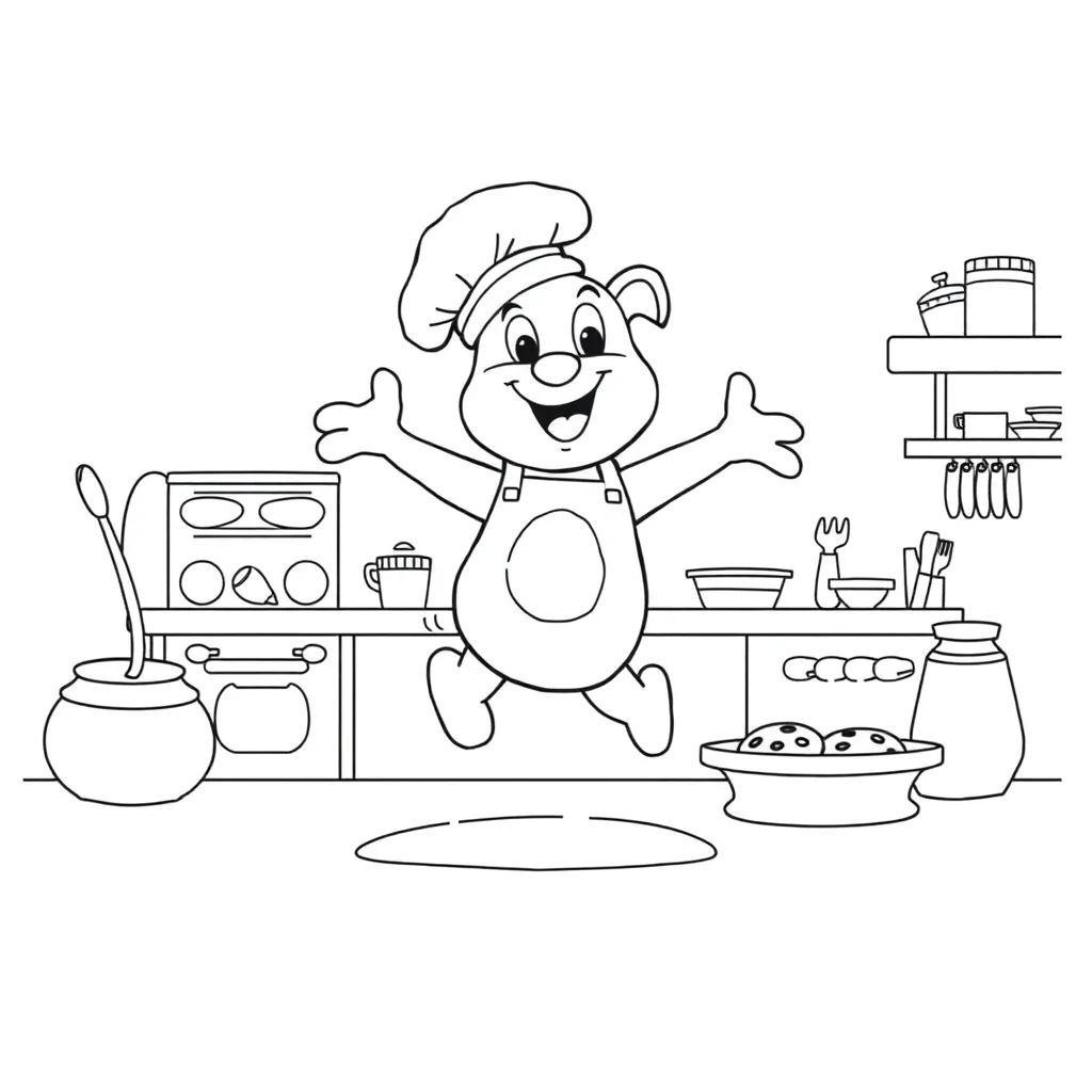 Bluey bluey jumping happily baking cookies — classic bluey coloring page (ages 5–10)