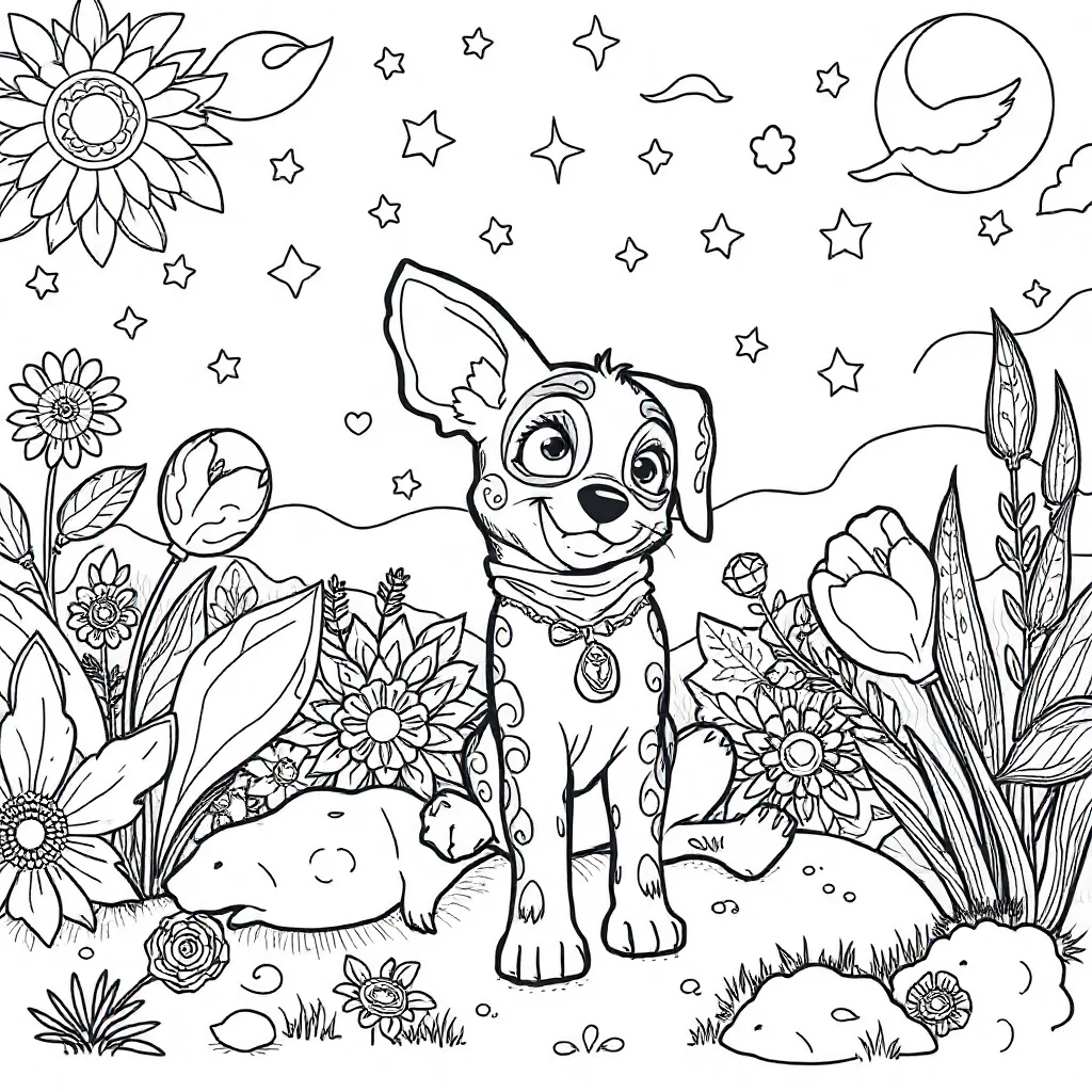 Bluey bluey playing in the garden under the night sky with stars — detailed bluey coloring page (ages 9+ & adults)