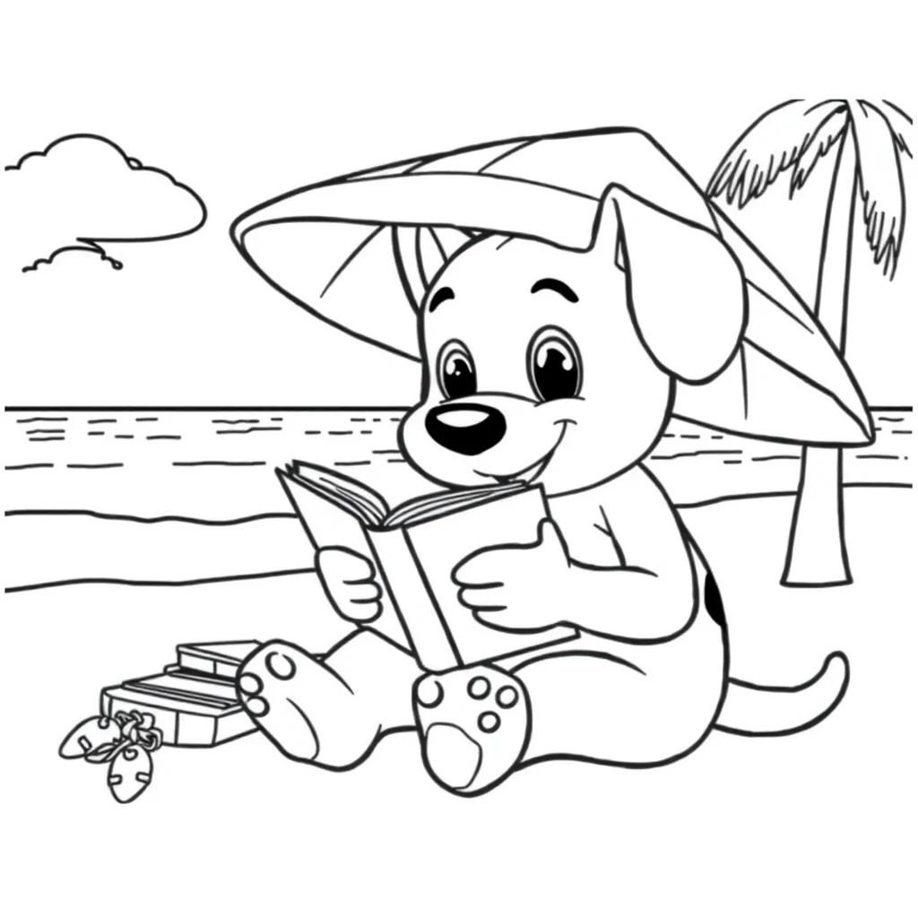 Bluey bluey reading a book on the beach — classic bluey coloring page (ages 5–10)