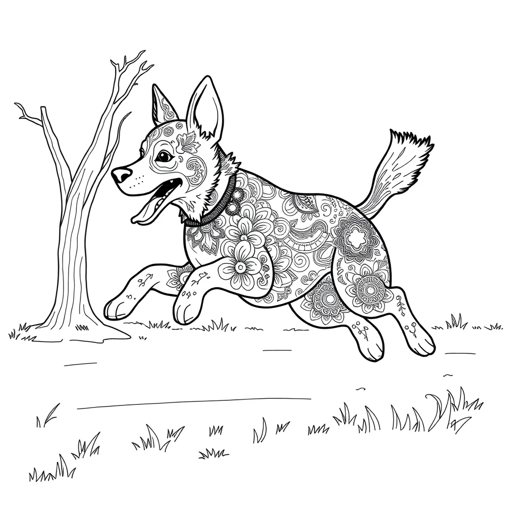 Bluey bluey the dog running in the park leaping mid air — detailed bluey coloring page (ages 9+ & adults)