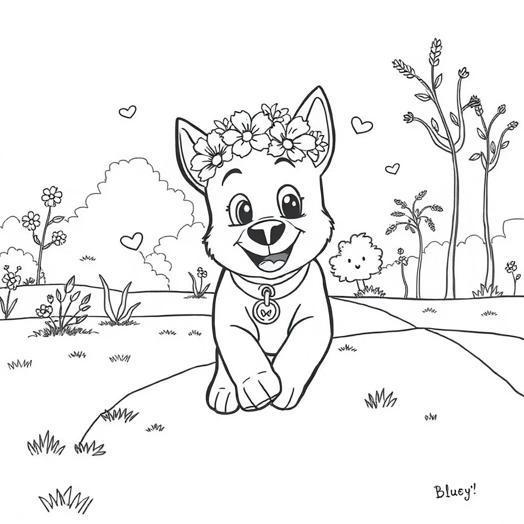 Bluey bluey the dog running in the park wearing a flower crown — classic bluey coloring page (ages 5–10)