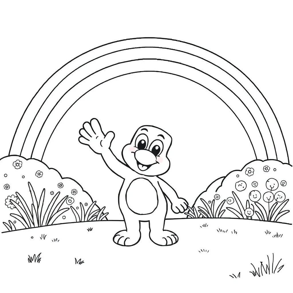 Bluey bluey waving hello under a rainbow — classic bluey coloring page (ages 5–10)