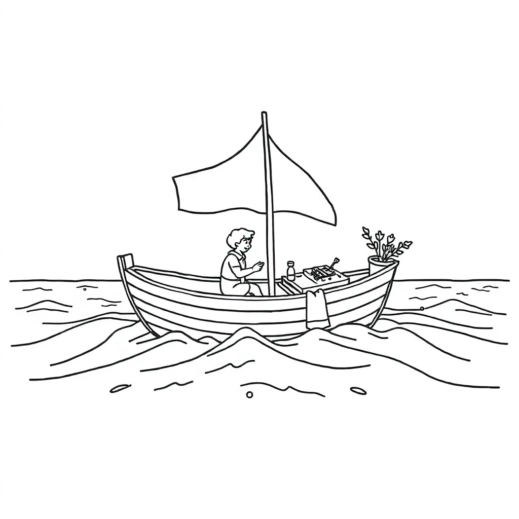 Boats a boat on waves having a picnic — classic boats coloring page (ages 5–10)