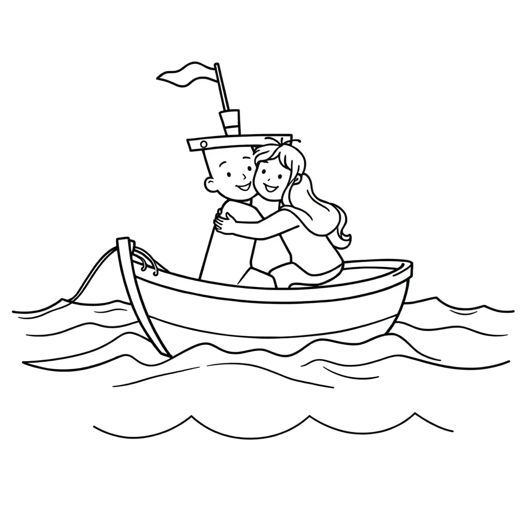 Boats a boat on waves hugging a friend — easy boats coloring page (ages 2–5)