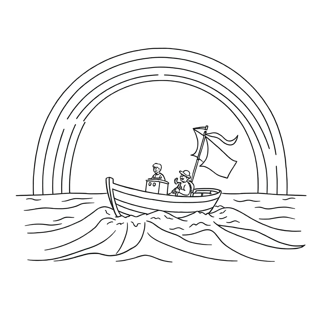 Boats a boat on waves under a rainbow — classic boats coloring page (ages 5–10)