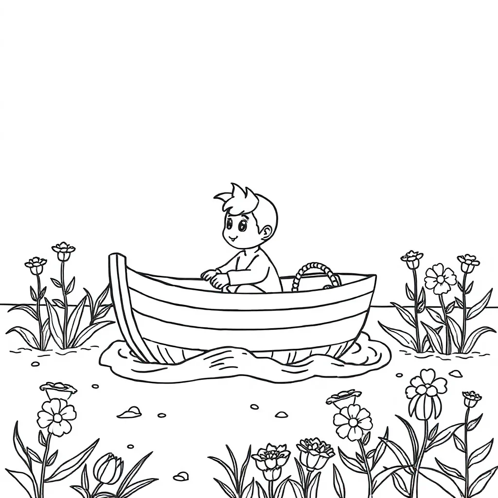 Boats a cute boat in a flower garden — classic boats coloring page (ages 5–10)