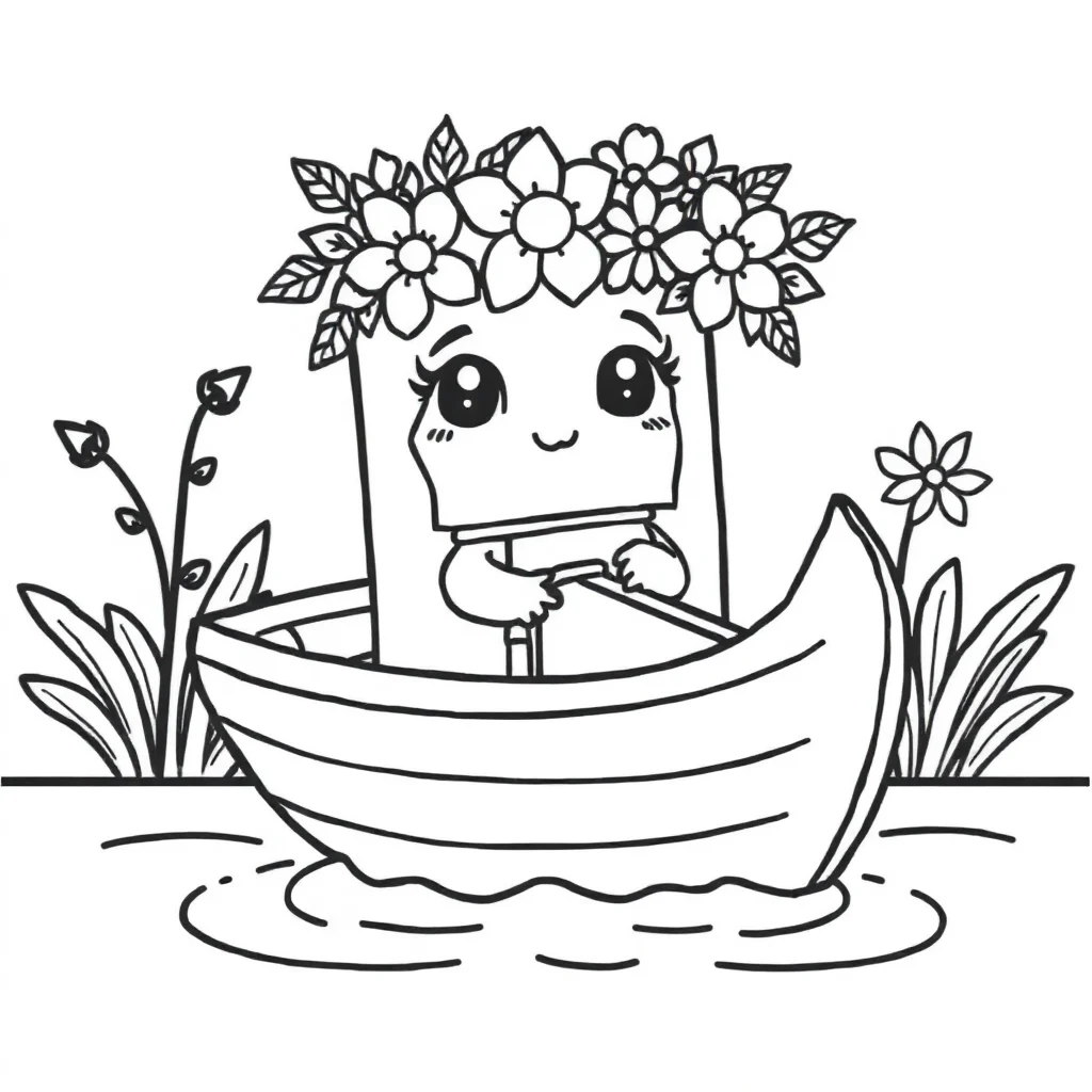 Boats a cute boat wearing a flower crown — classic boats coloring page (ages 5–10)