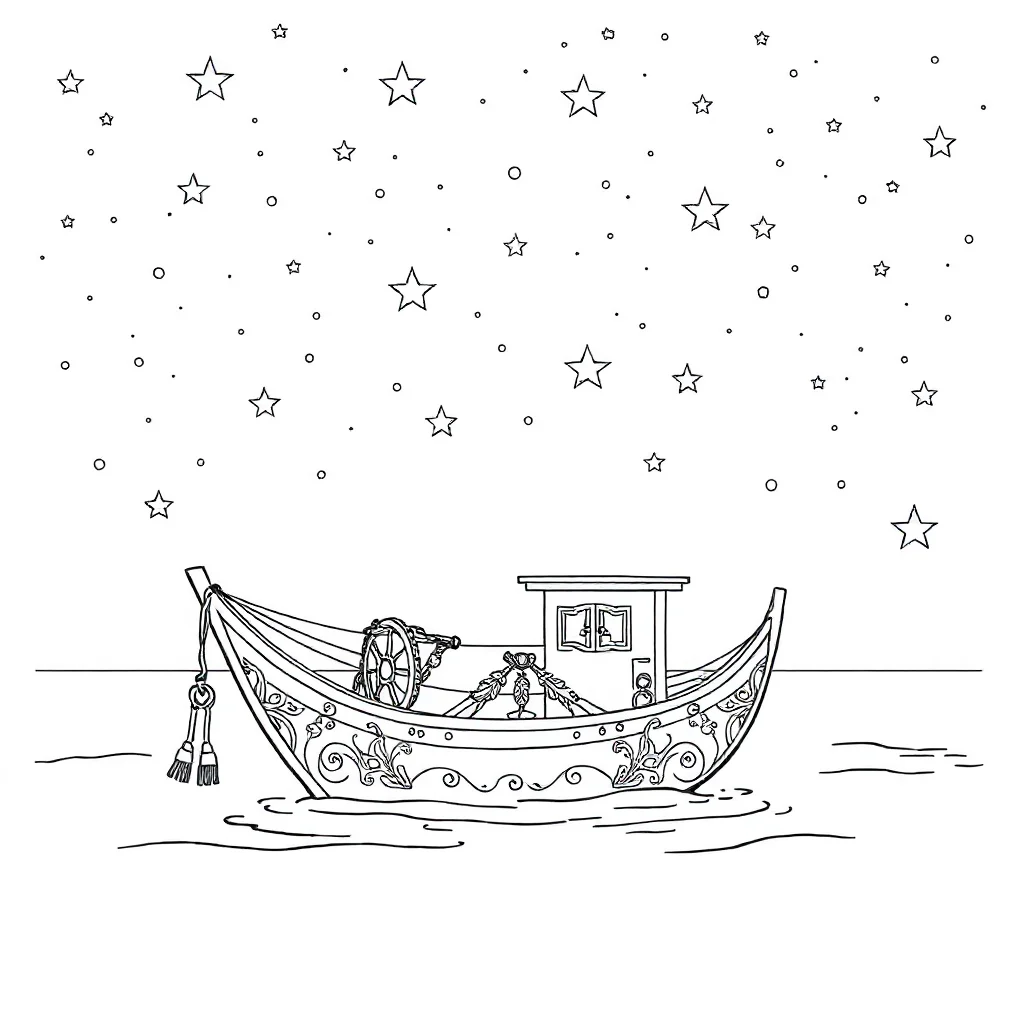 Boats a fishing boat under the night sky with stars — detailed boats coloring page (ages 9+ & adults)
