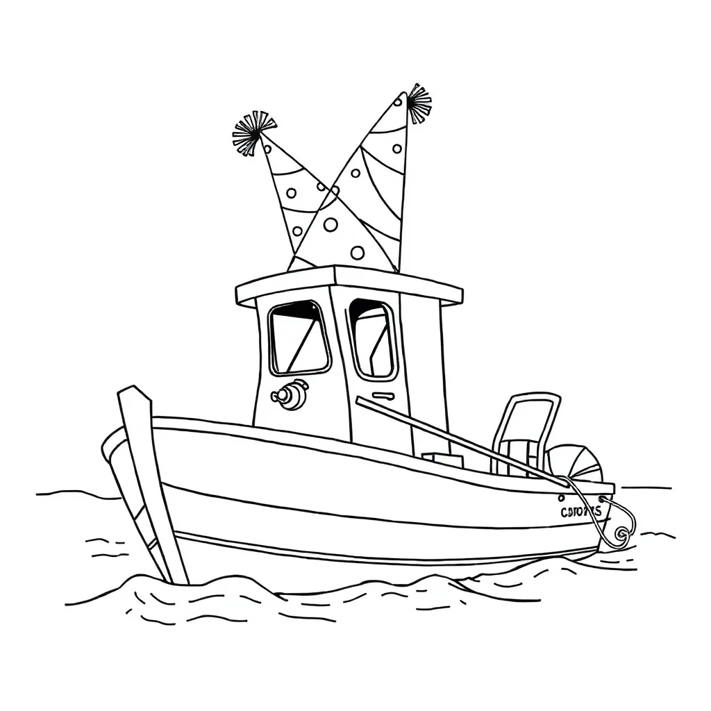 Boats a fishing boat wearing a party hat — classic boats coloring page (ages 5–10)