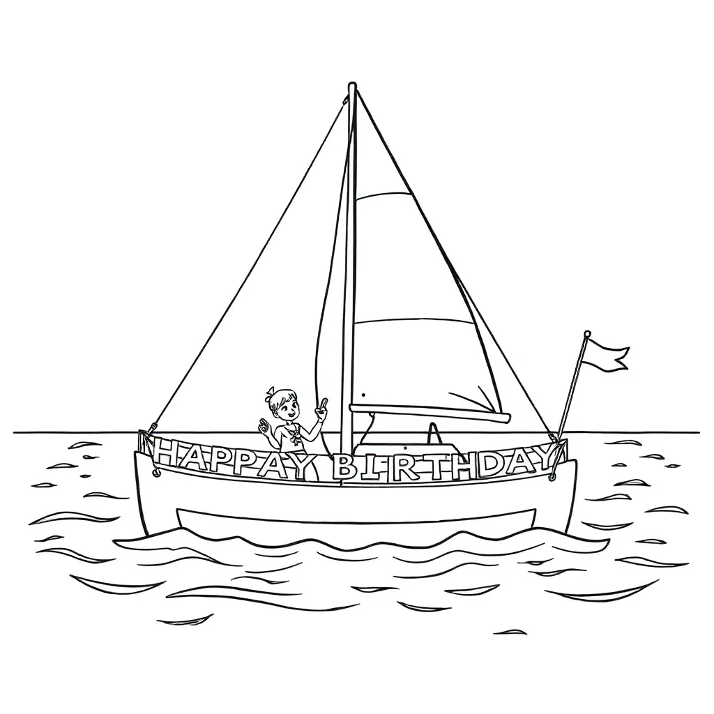 Boats a sailboat celebrating a birthday — classic boats coloring page (ages 5–10)