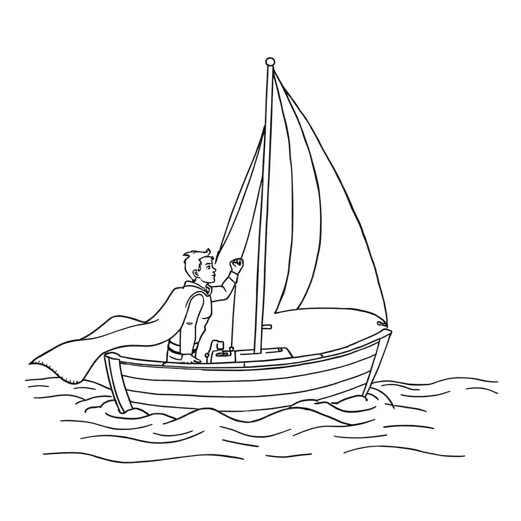Boats a sailboat in a superhero cape — classic boats coloring page (ages 5–10)