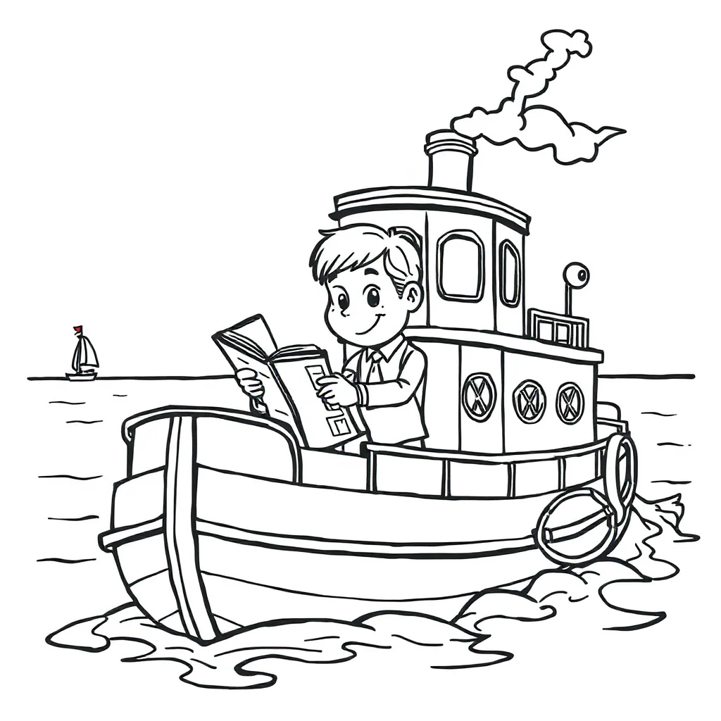 Boats a steamboat reading a book — classic boats coloring page (ages 5–10)