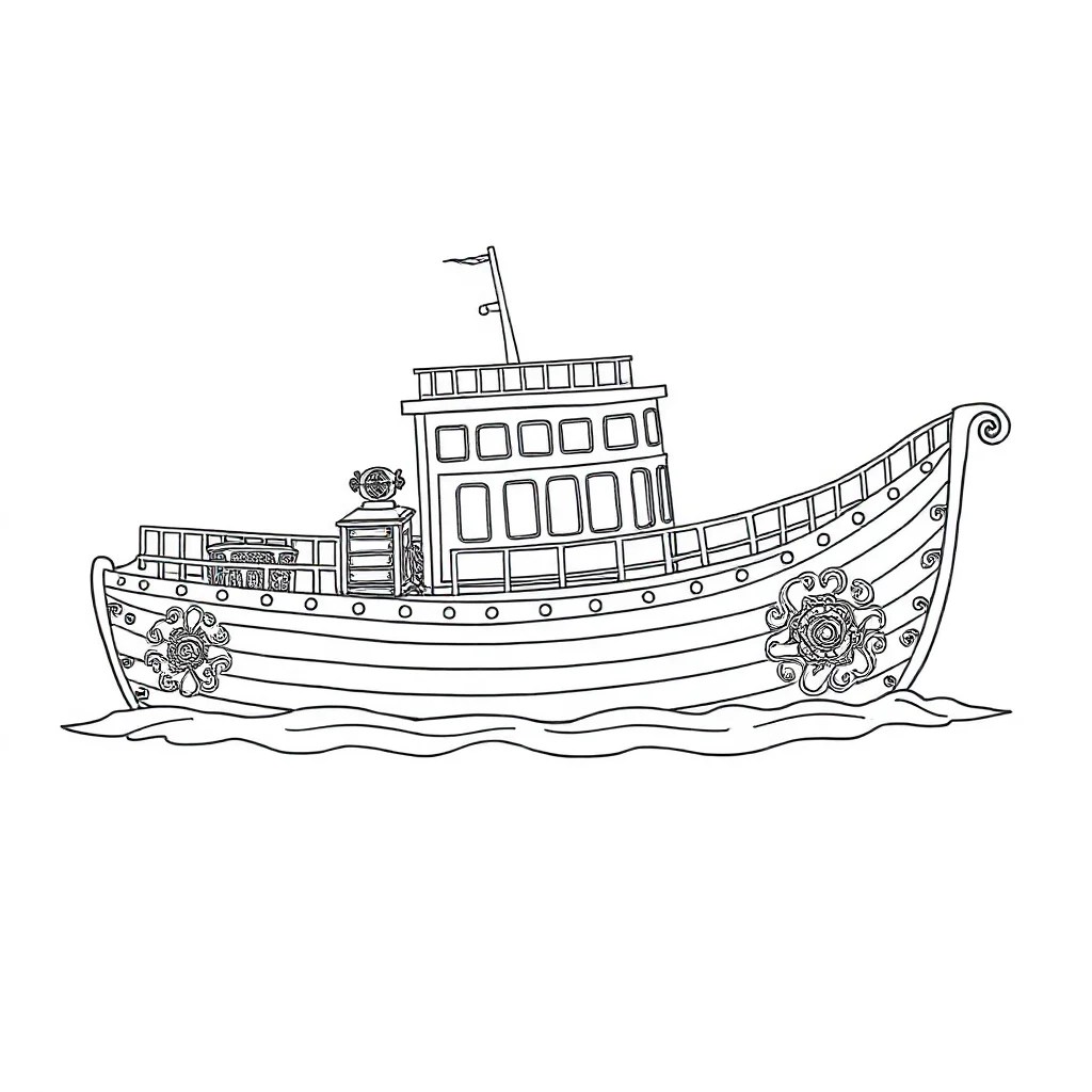 Boats a steamboat sleeping curled up — detailed boats coloring page (ages 9+ & adults)