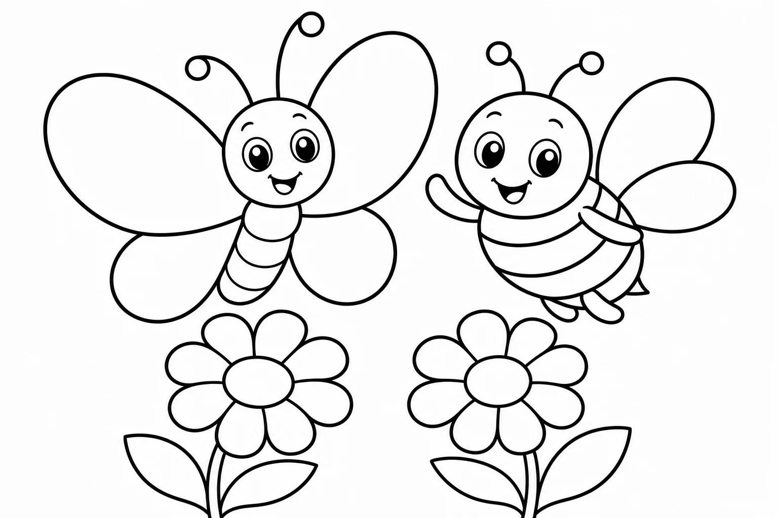 Butterflies bee friend — easy butterflies coloring page (ages 2–5)