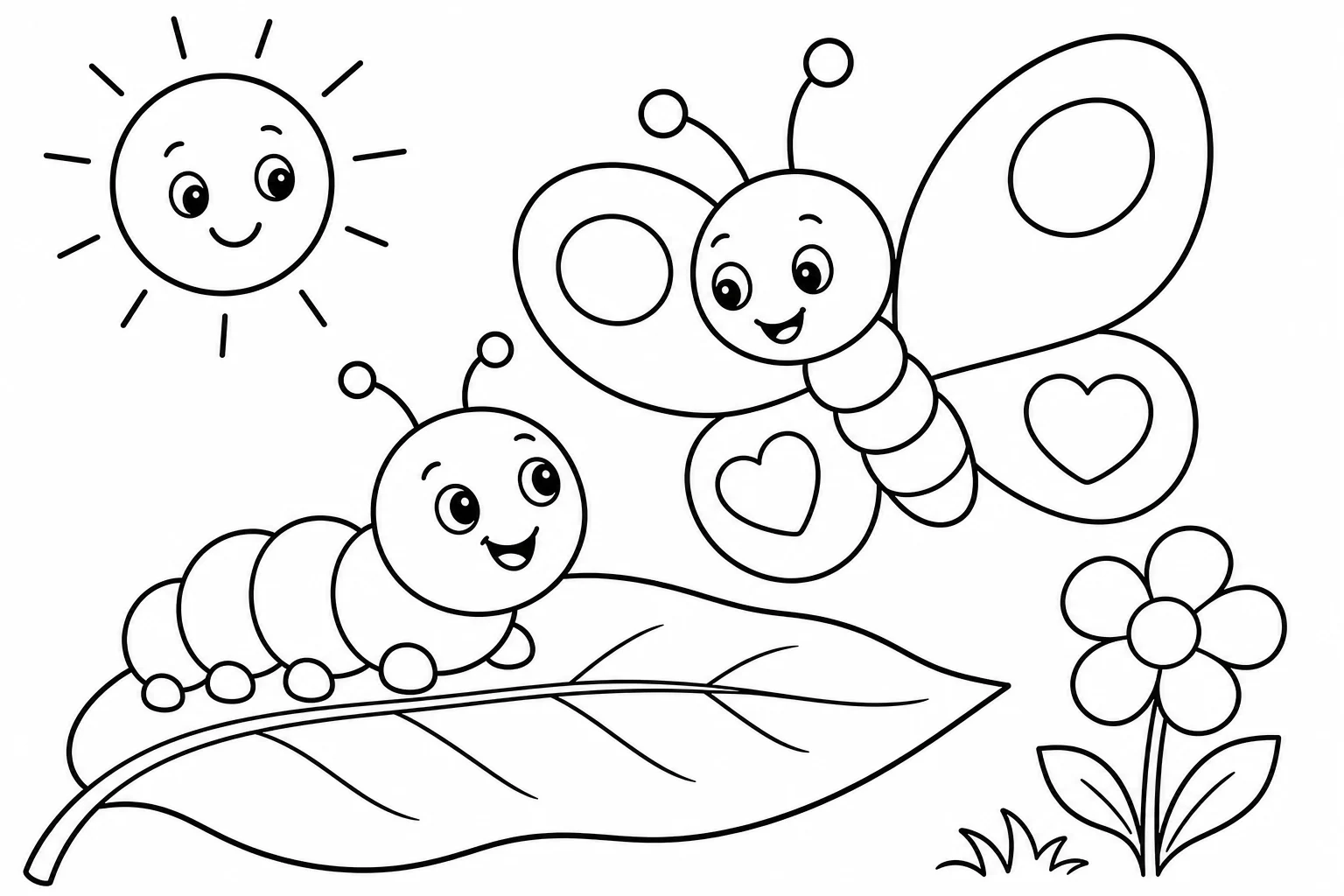 Butterflies caterpillar friend — classic butterflies coloring page (ages 5–10)