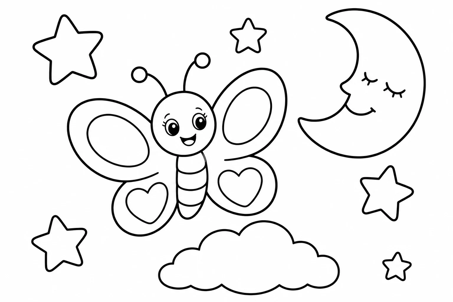 Butterflies night moon — classic butterflies coloring page (ages 5–10)