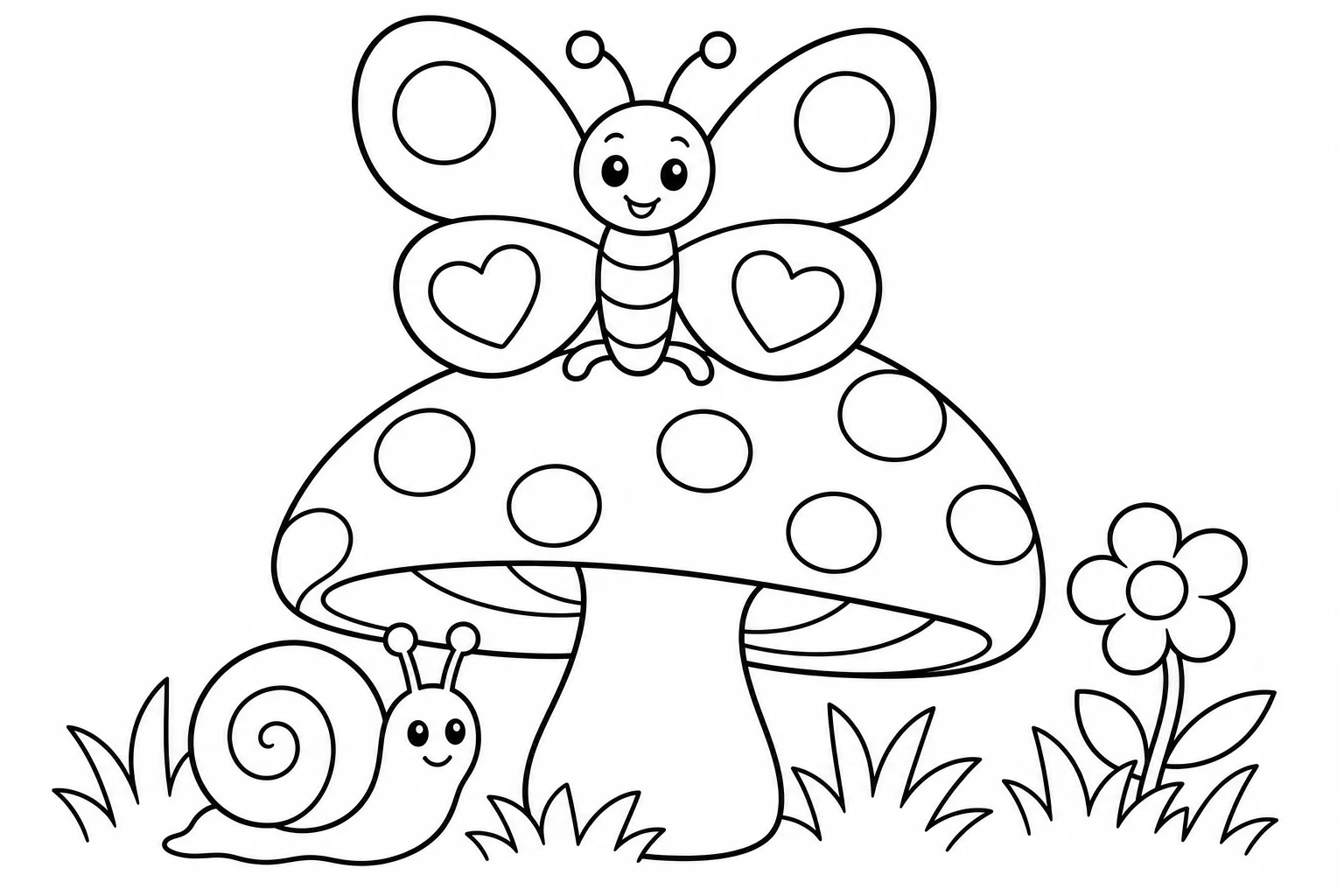 Butterflies on mushroom — classic butterflies coloring page (ages 5–10)