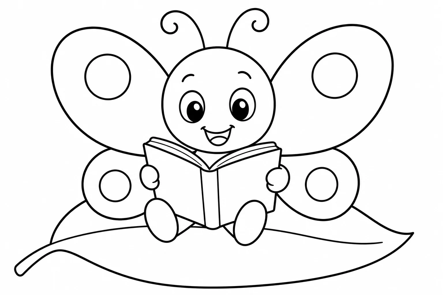 Butterflies reading leaf — easy butterflies coloring page (ages 2–5)