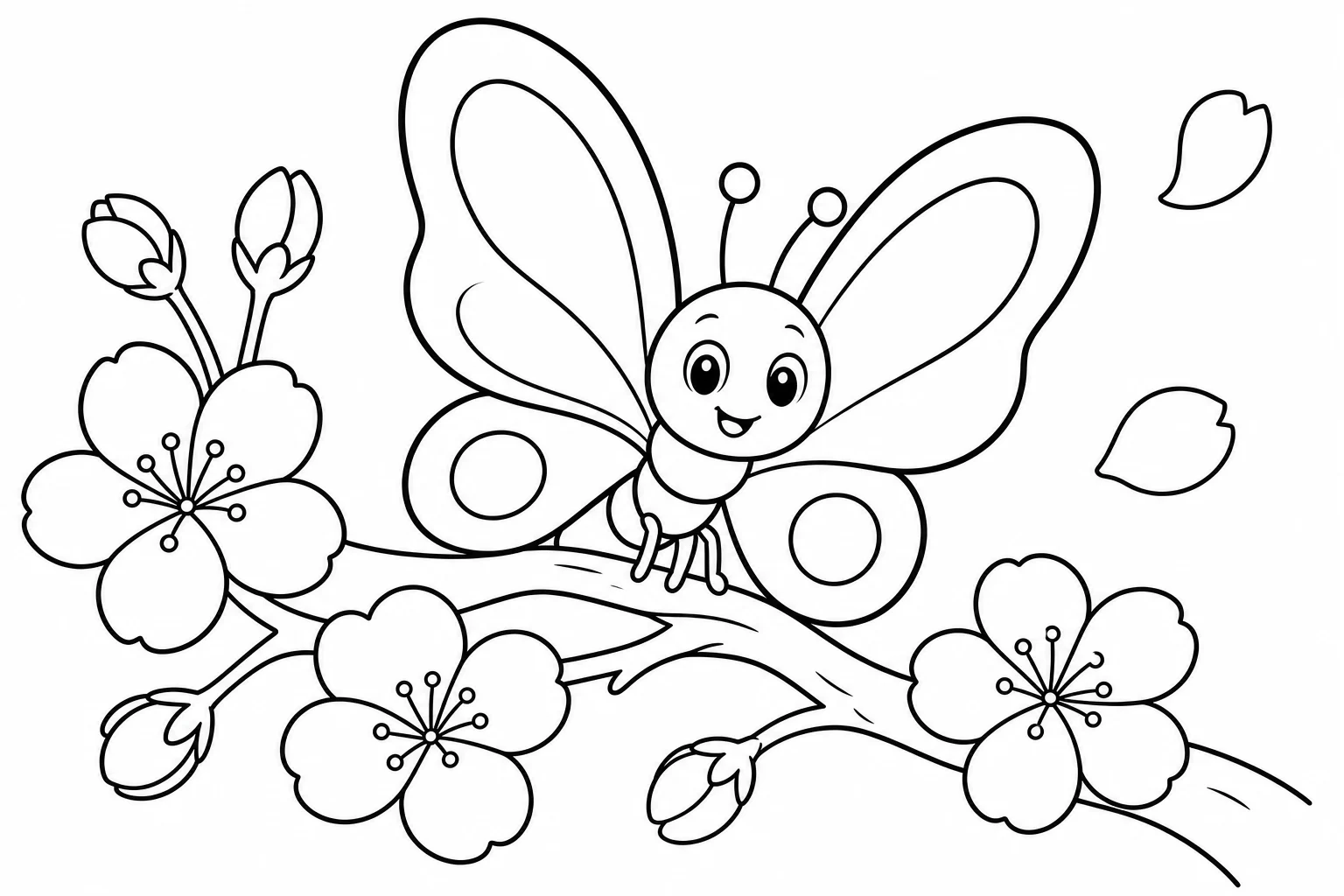 Butterflies spring blossoms — classic butterflies coloring page (ages 5–10)