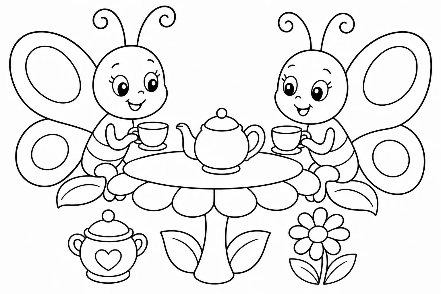 Butterflies tea party — classic butterflies coloring page (ages 5–10)