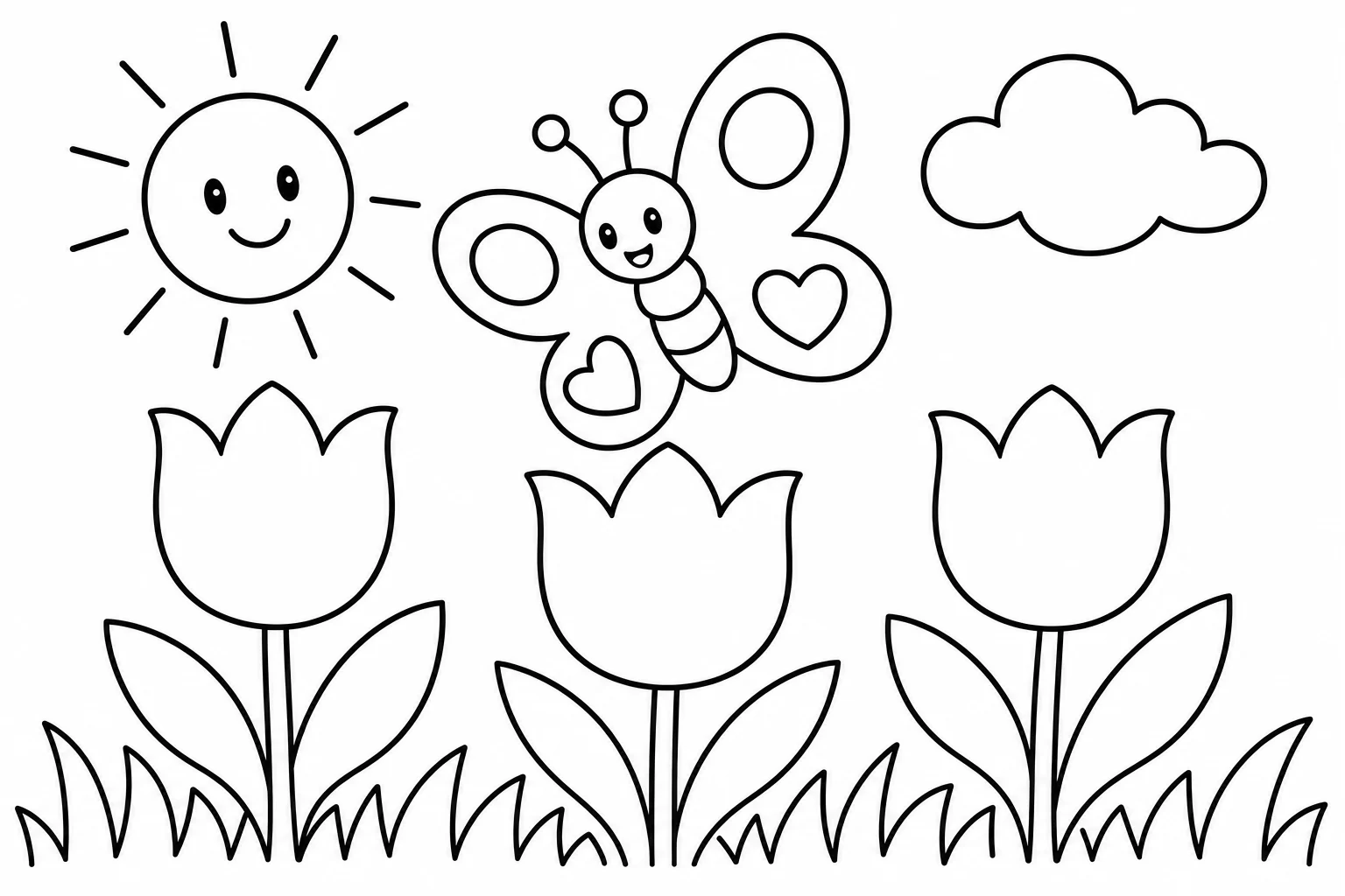 Butterflies tulip field — classic butterflies coloring page (ages 5–10)