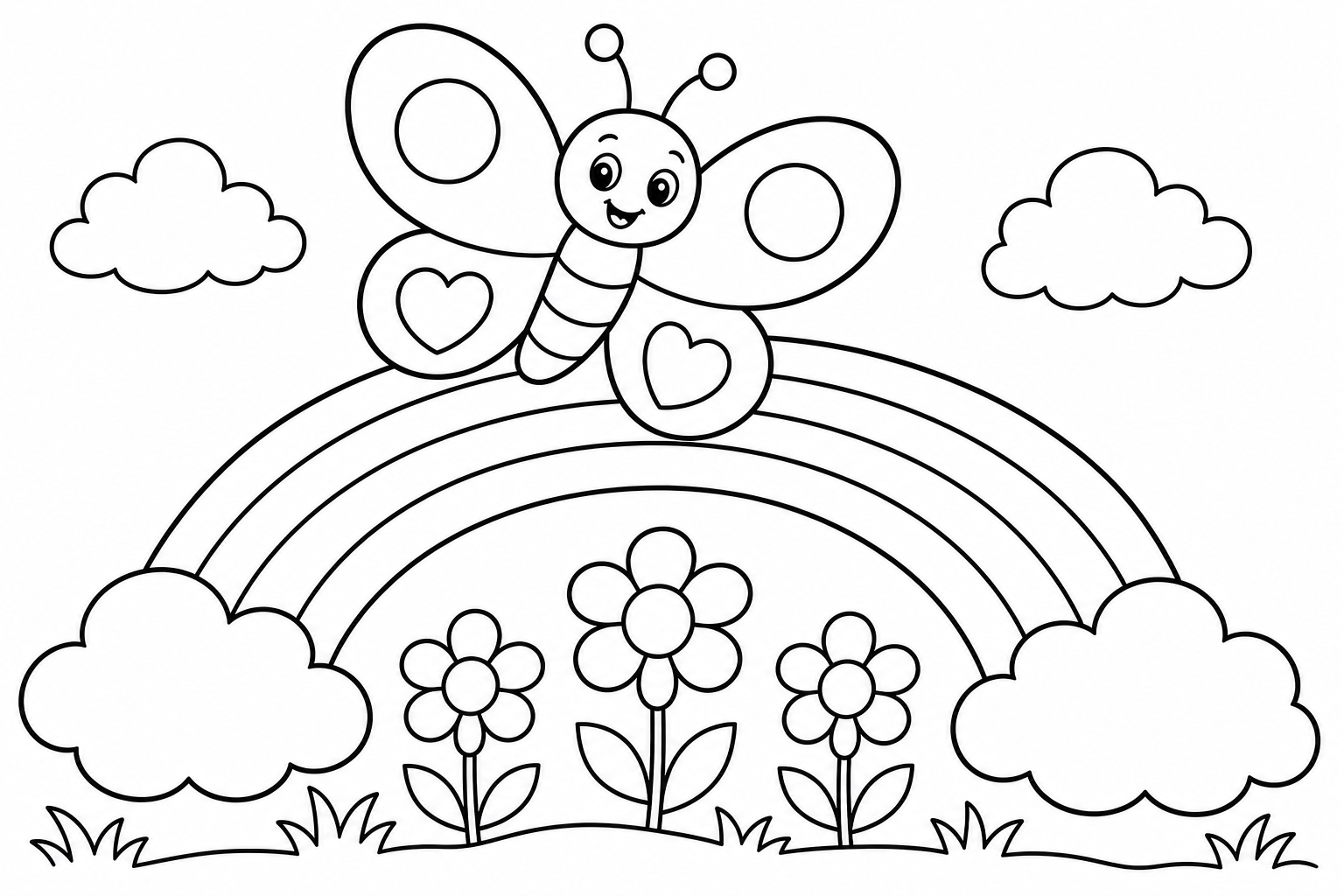 Butterflies with rainbow — classic butterflies coloring page (ages 5–10)