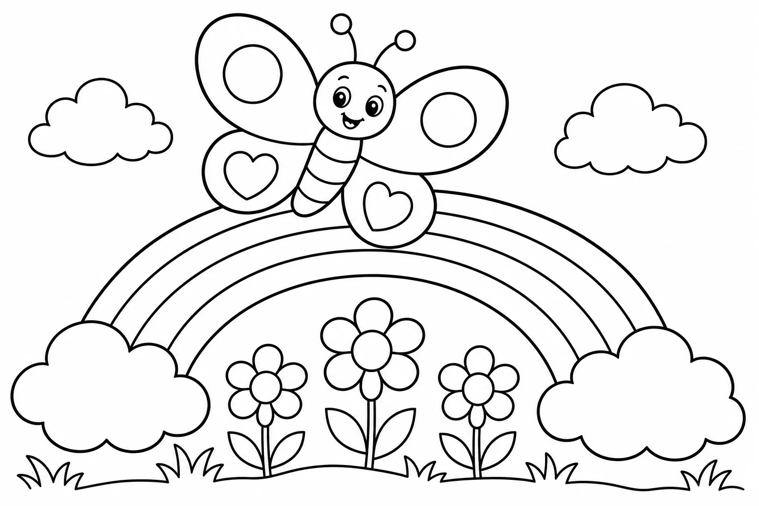 Butterflies with rainbow — classic butterflies coloring page (ages 5–10)