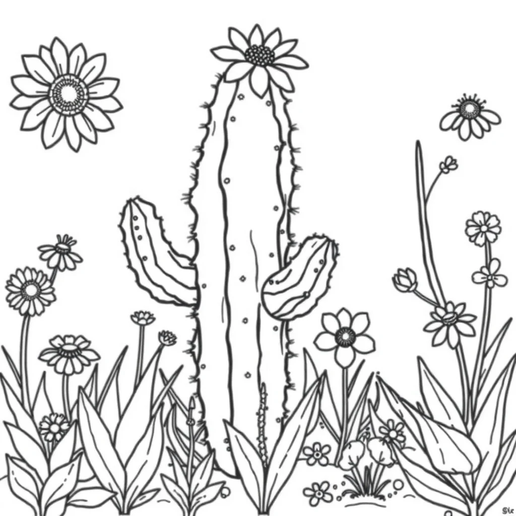 Cactus a cactus with flowers in a flower garden — classic cacti coloring page (ages 5–10)