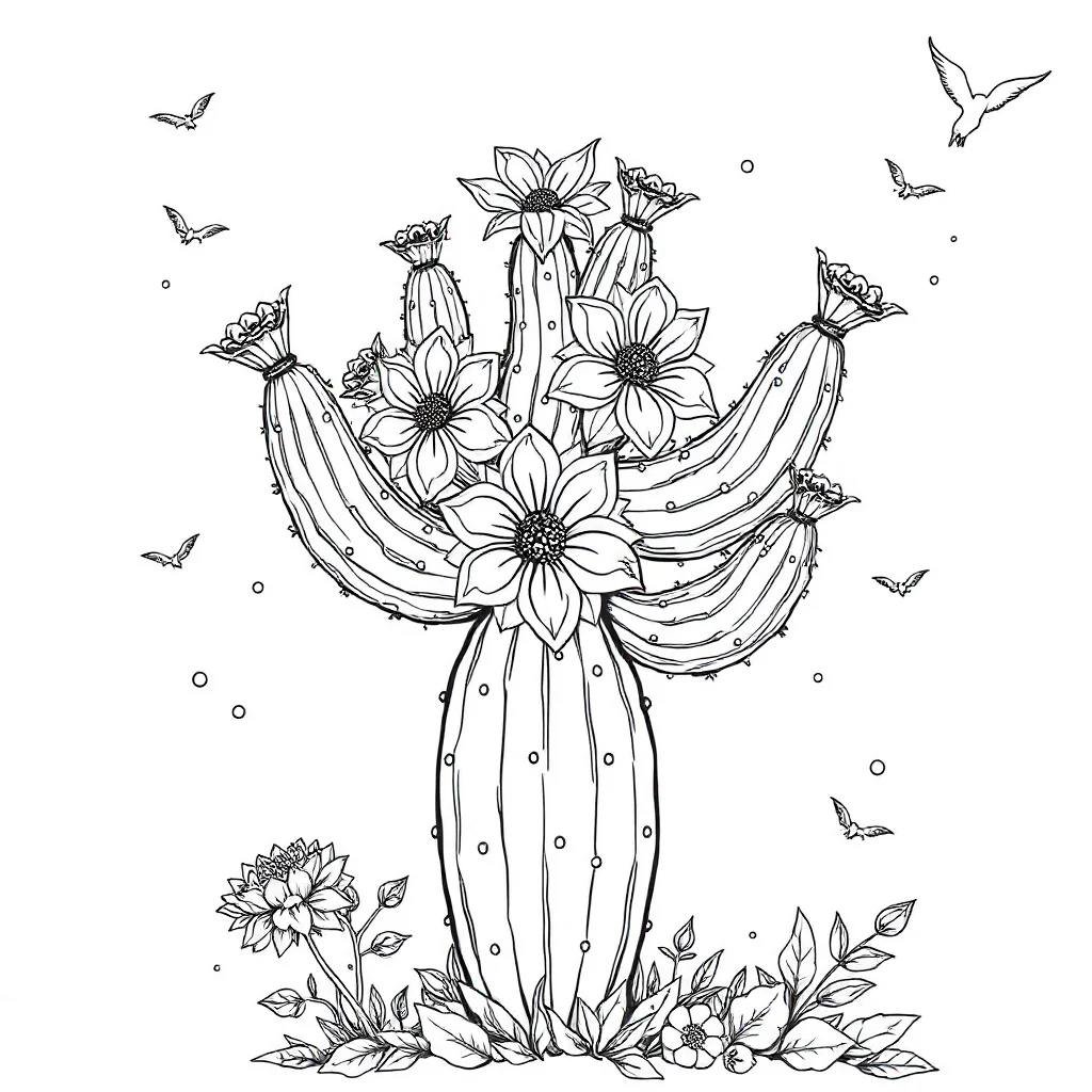Cactus a cactus with flowers leaping mid air — detailed cacti coloring page (ages 9+ & adults)