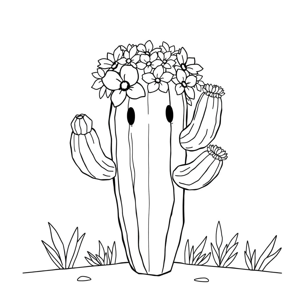 Cactus a cactus with flowers wearing a flower crown — classic cacti coloring page (ages 5–10)