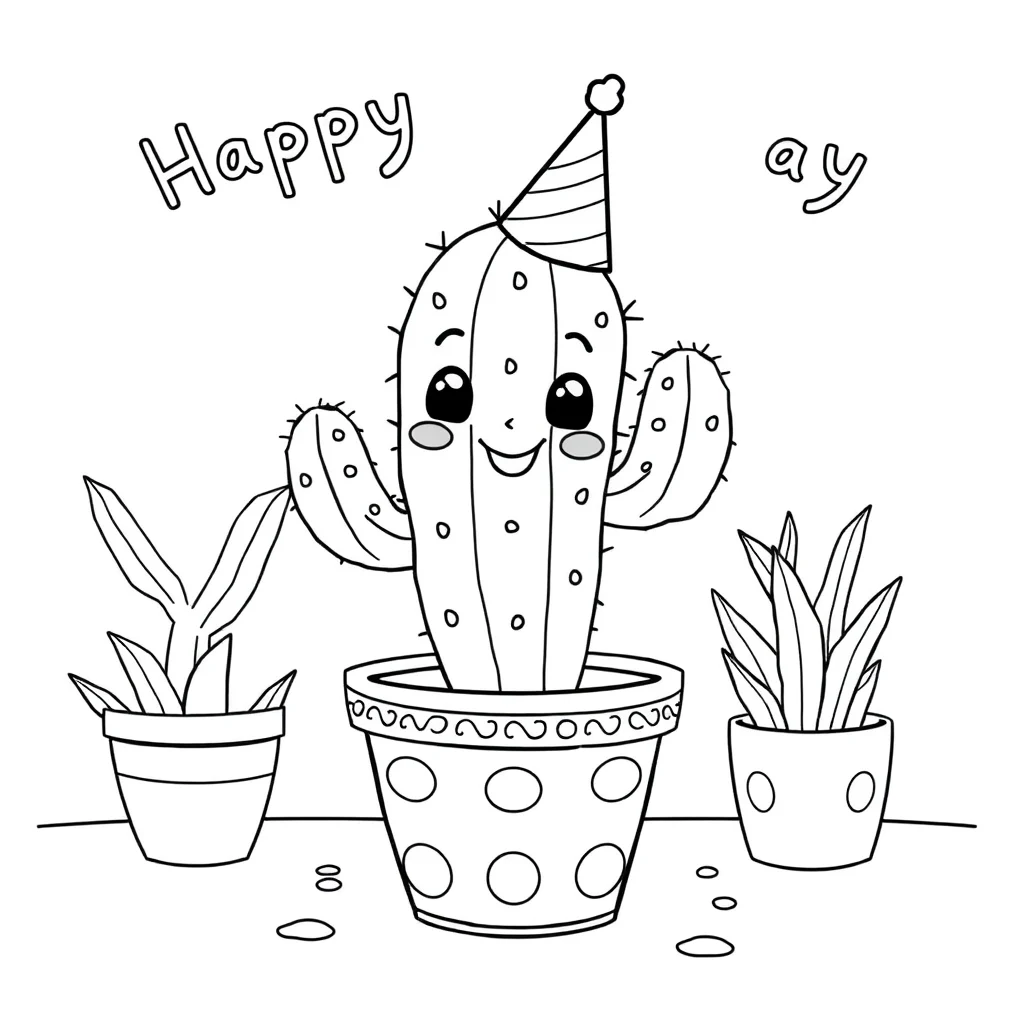 Cactus a cute potted cactus celebrating a birthday — classic cacti coloring page (ages 5–10)