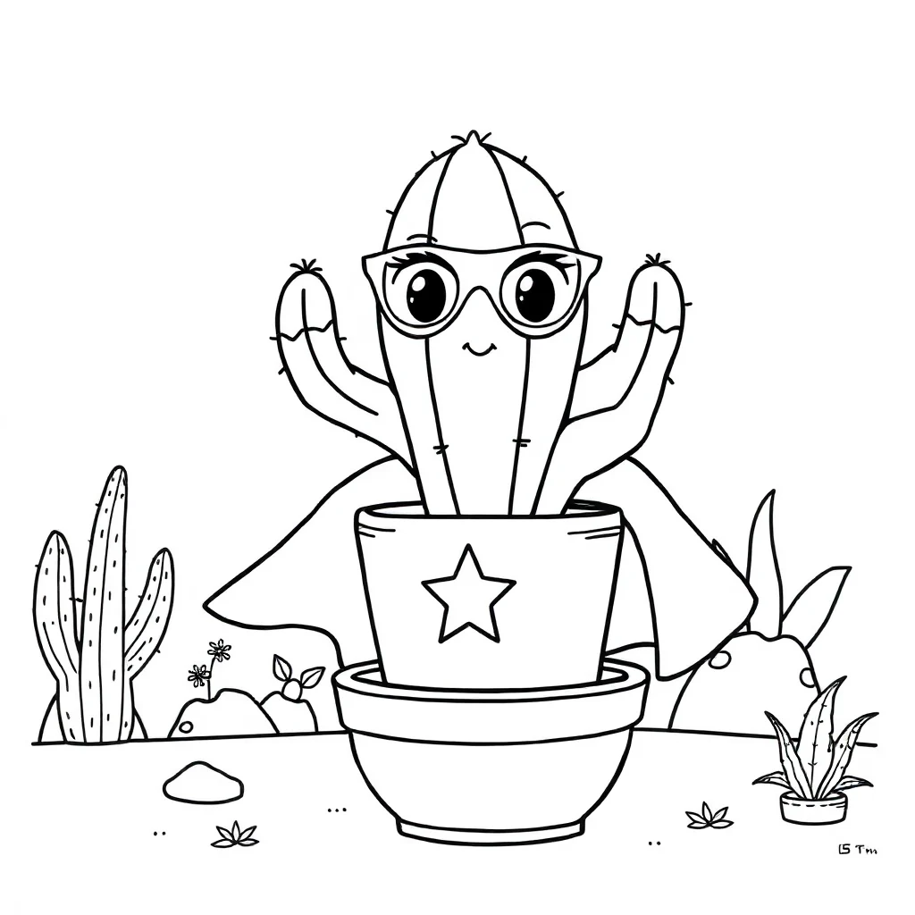 Cactus a cute potted cactus in a superhero cape — classic cacti coloring page (ages 5–10)