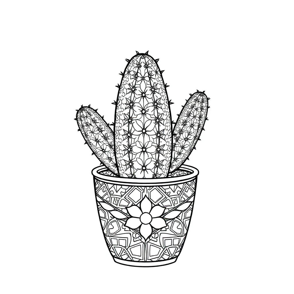 Cactus a cute potted cactus sitting — detailed cacti coloring page (ages 9+ & adults)