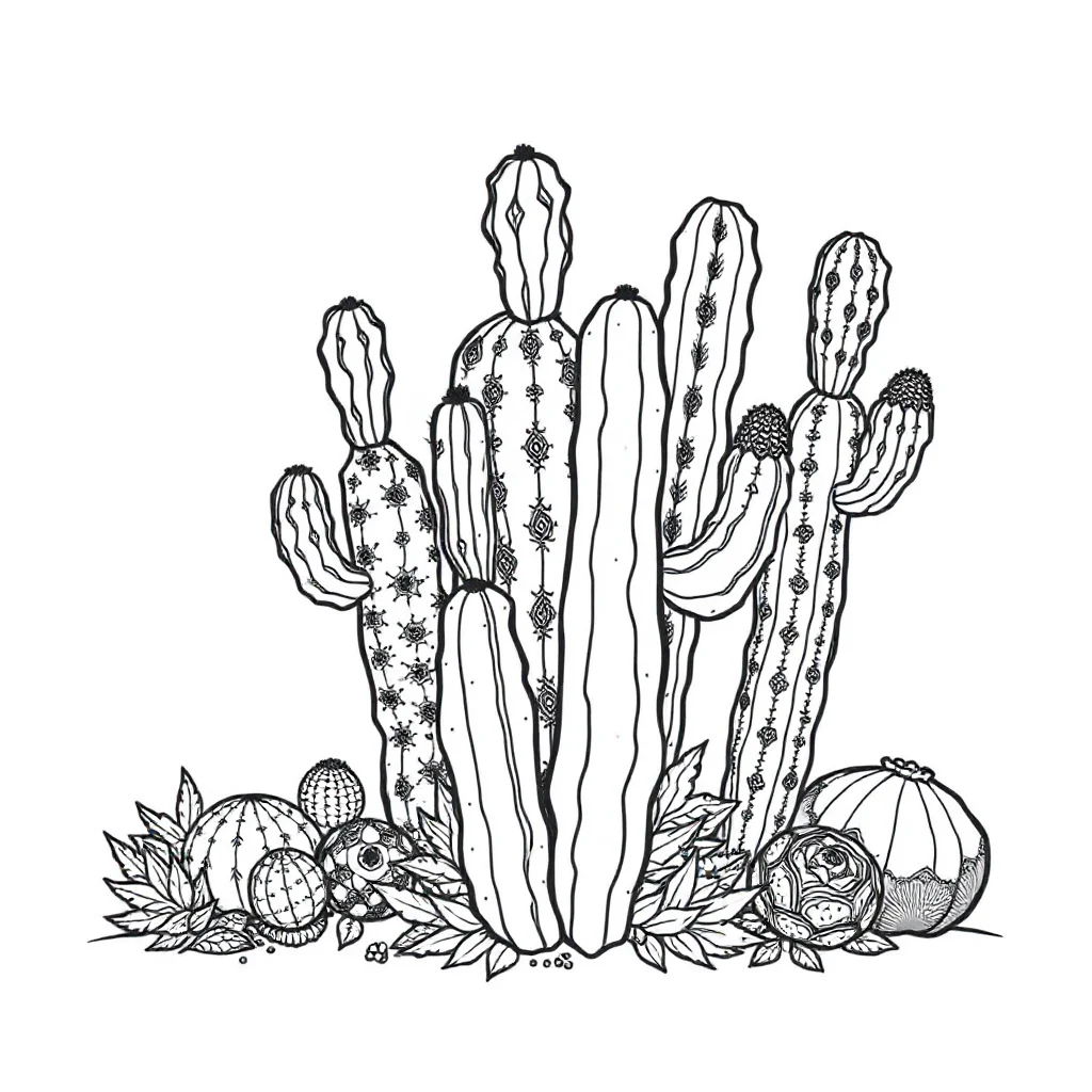 Cactus a group of cacti dancing — detailed cacti coloring page (ages 9+ & adults)