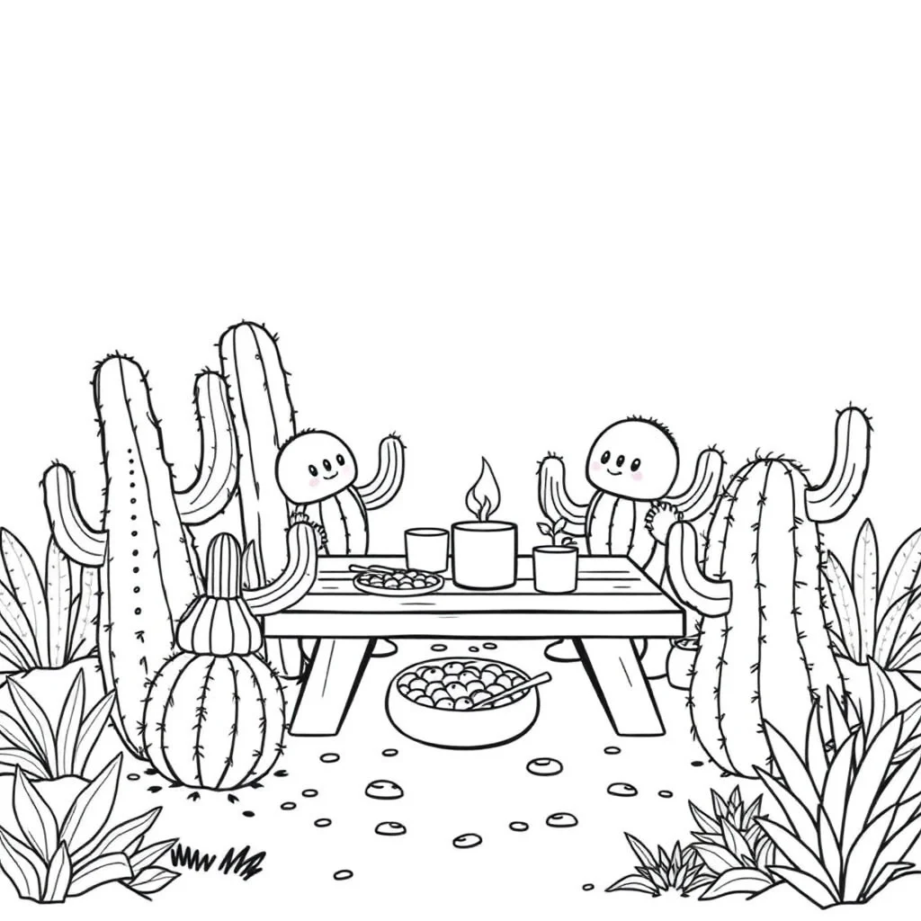 Cactus a group of cacti having a picnic — classic cacti coloring page (ages 5–10)