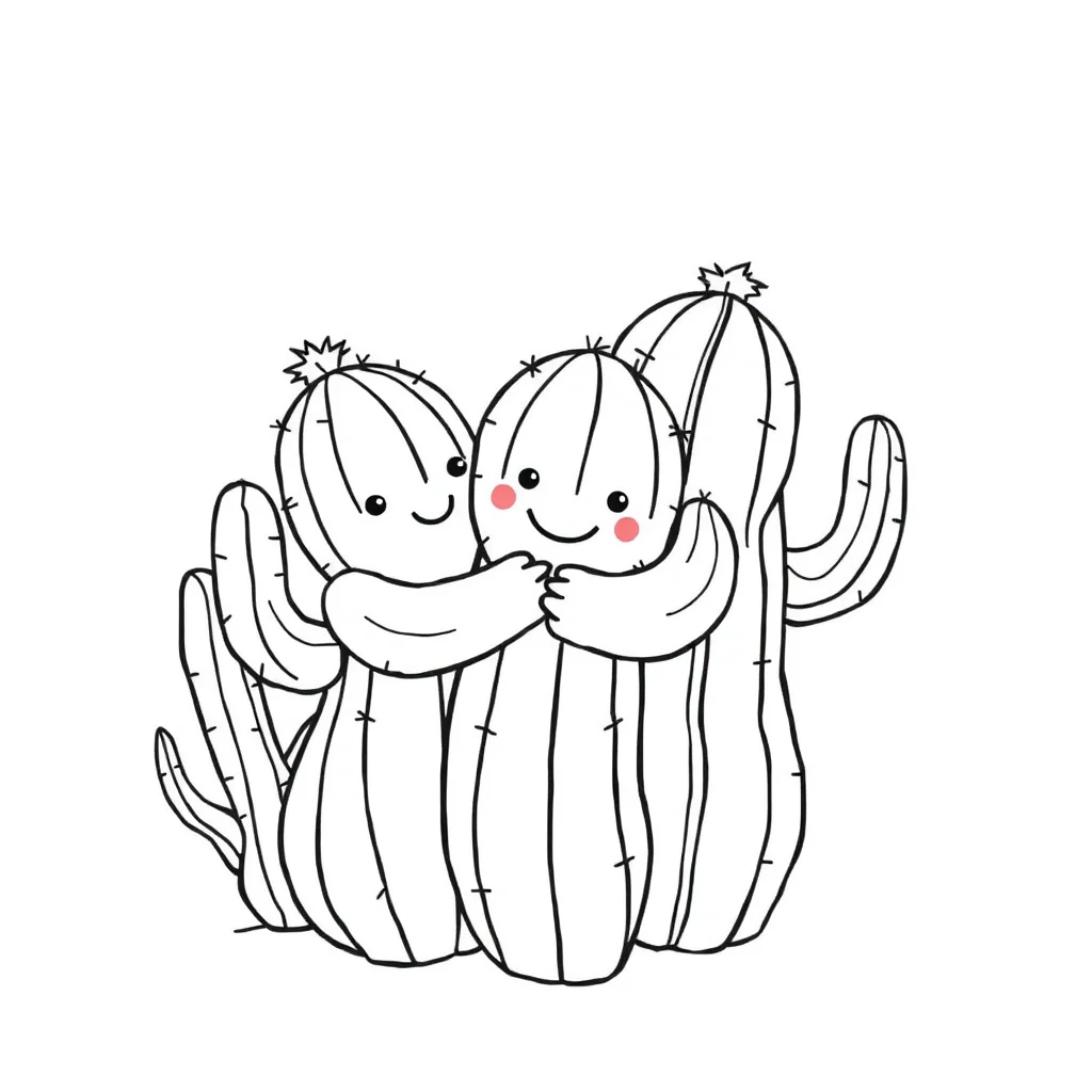 Cactus a group of cacti hugging a friend — easy cacti coloring page (ages 2–5)