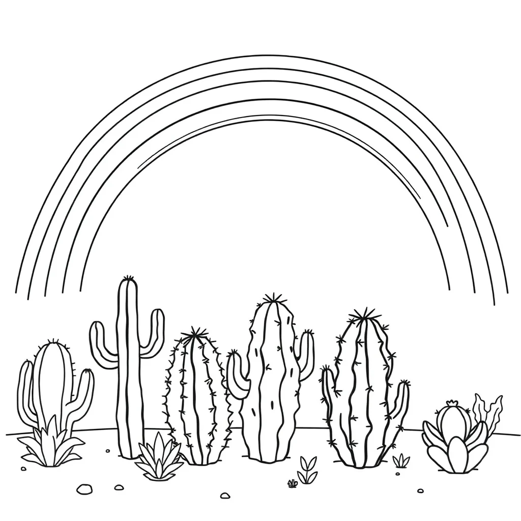 Cactus a group of cacti under a rainbow — classic cacti coloring page (ages 5–10)