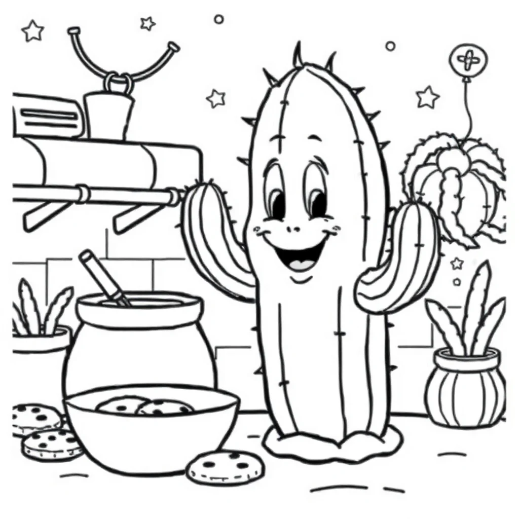 Cactus a smiling cactus baking cookies — classic cacti coloring page (ages 5–10)