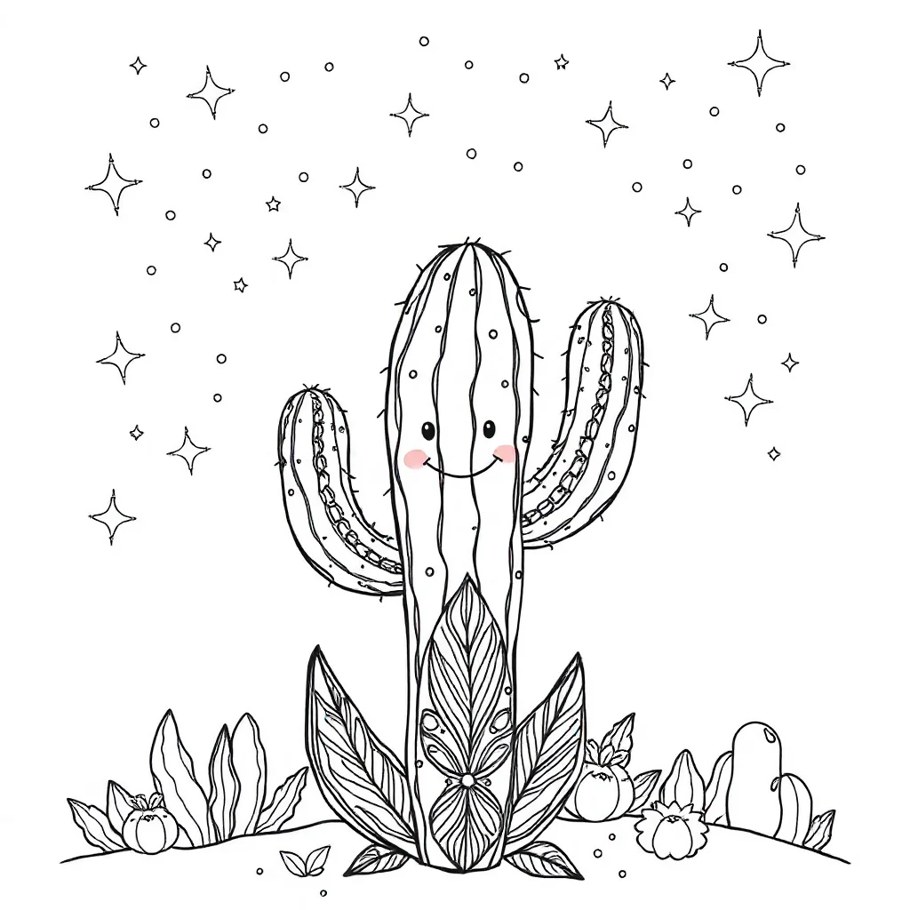 Cactus a smiling cactus under the night sky with stars — detailed cacti coloring page (ages 9+ & adults)