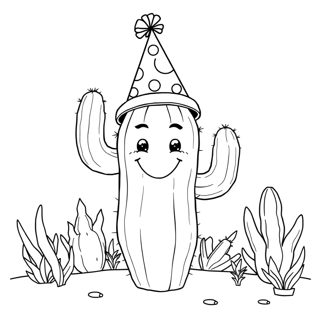 Cactus a smiling cactus wearing a party hat — classic cacti coloring page (ages 5–10)
