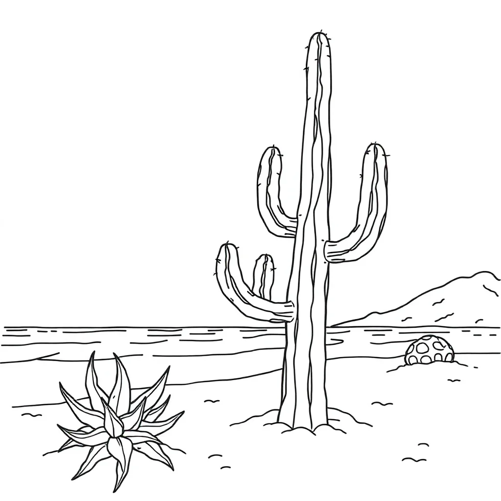 Cactus a tall cactus on the beach — classic cacti coloring page (ages 5–10)