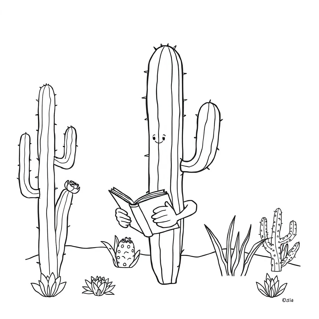Cactus a tall cactus reading a book — classic cacti coloring page (ages 5–10)