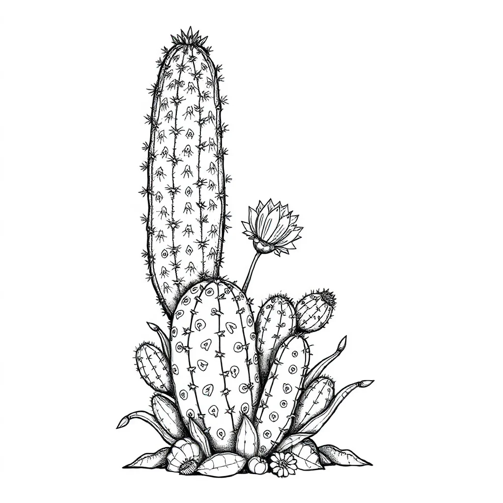 Cactus a tall cactus sleeping curled up — detailed cacti coloring page (ages 9+ & adults)