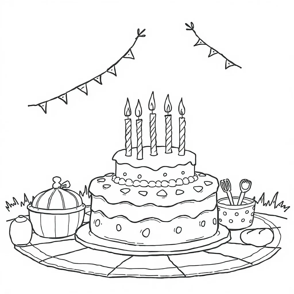 Cakes a cake with candles having a picnic — classic cakes coloring page (ages 5–10)