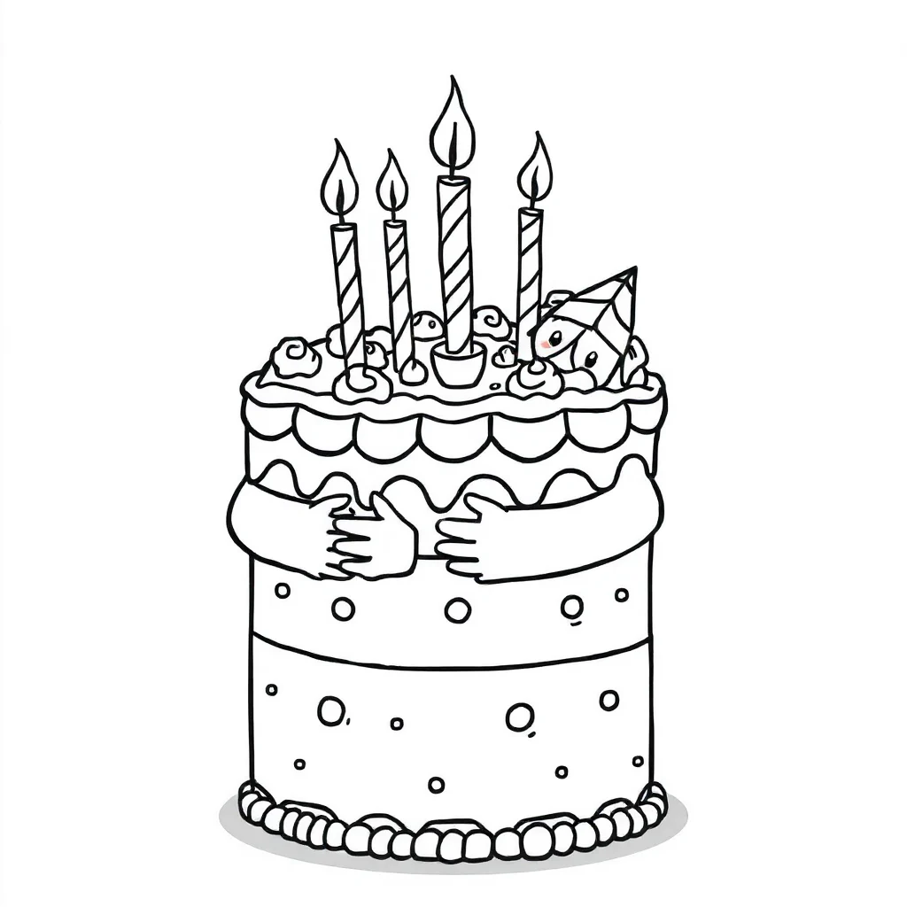 Cakes a cake with candles hugging a friend — easy cakes coloring page (ages 2–5)