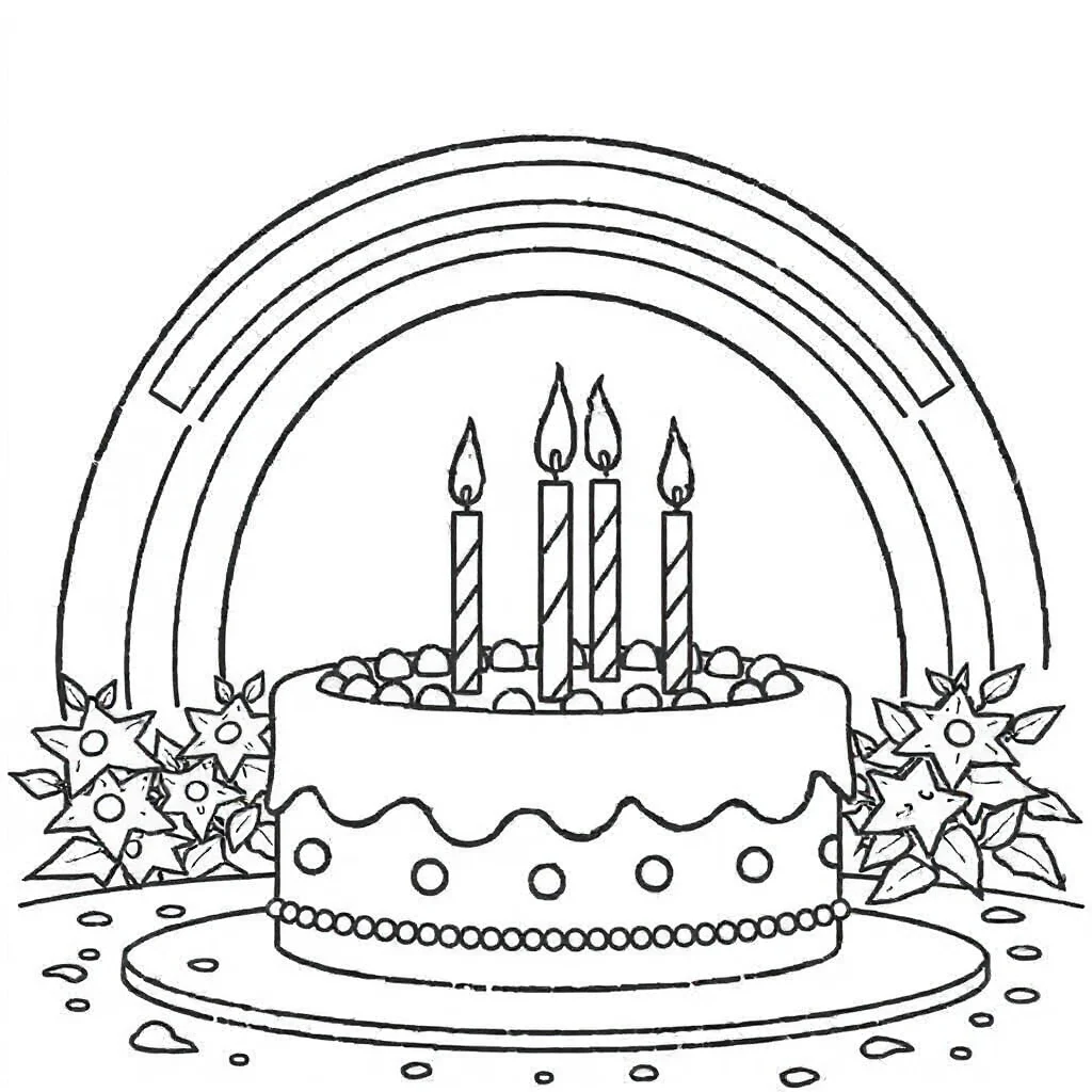 Cakes a cake with candles under a rainbow — classic cakes coloring page (ages 5–10)