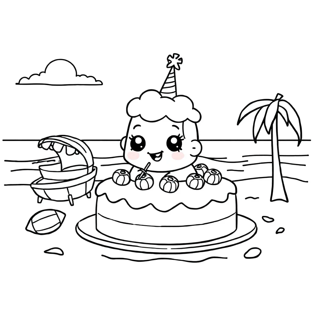 Cakes a cute cake on the beach — classic cakes coloring page (ages 5–10)